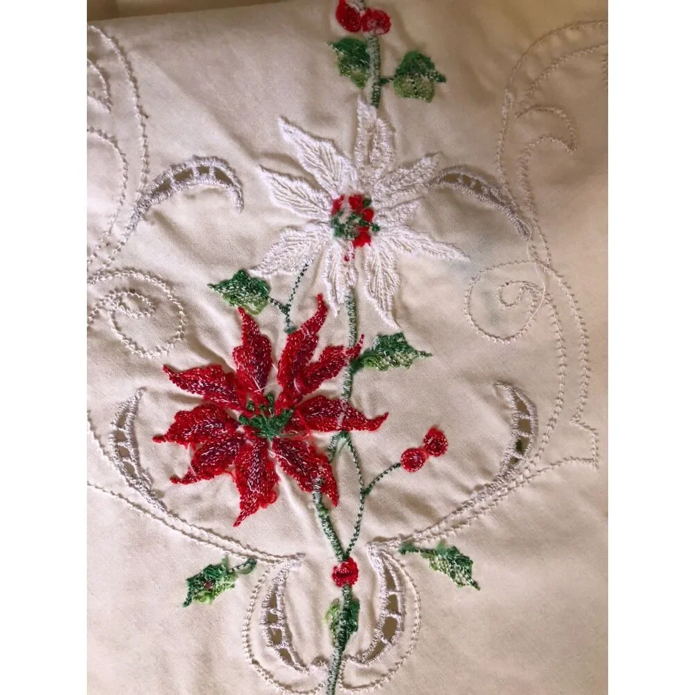 Vtg 70s Christmas Poinsettia Cutwork Tablecloth 48